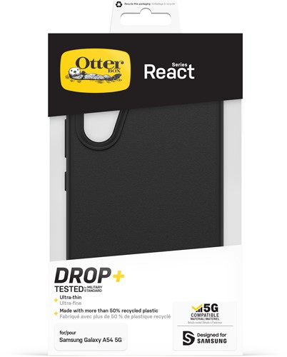 OtterBox React-hoesje voor Galaxy A54 5G, schokbestendig, valbestendig, ultradun, beschermende, getest volgens militaire standaard, Antimicrobieel, Zwart