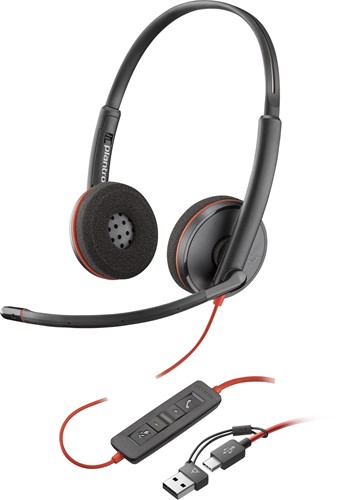 POLY Blackwire 3220 zwarte stereo USB-C-headset + USB-C/A-adapter (bulk)