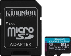 Kingston Technology 512GB microSDXC Canvas Go! Plus Gen4 200MB/s A2 U3 V30 kaart + adapter