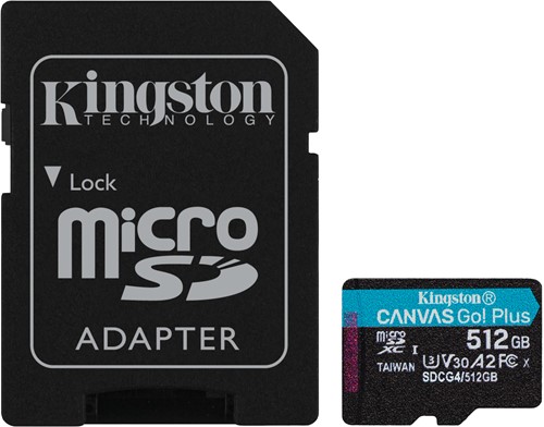 Kingston Technology 512GB microSDXC Canvas Go! Plus Gen4 200MB/s A2 U3 V30 kaart + adapter