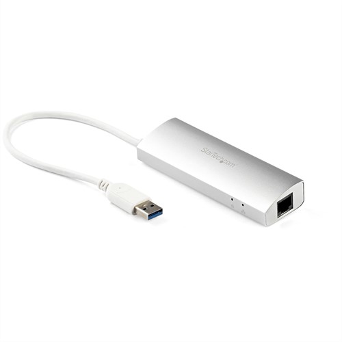 StarTech.com 3 Poorts draagbare aluminium USB 3.0 hub met Gigabit Ethernet - 5Gbps - netwerkadapter - geïntegreerde kabel