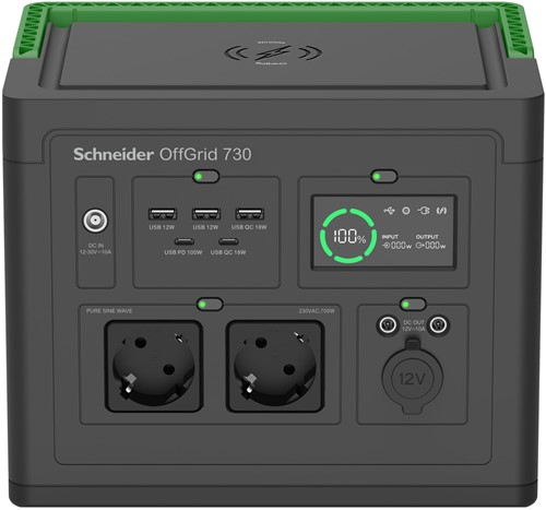 APC SE OffGrid Portable Power Station 730 - Li-Ion accu, LCD, 2x stopcontact, 3x USB-A, 2x USB-C, 3x 12V, draadloze lader