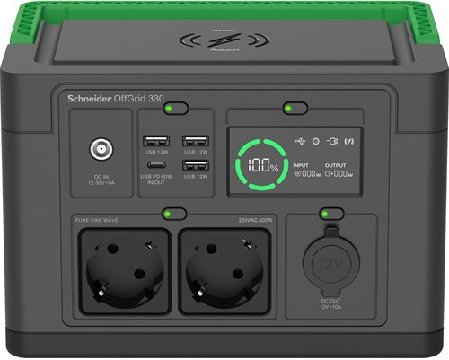 APC SE OffGrid Portable Power Station 330 - Li-Ion accu, LCD, 2x stopcontact, 3x USB-A, 1x USB-C, 1x 12V, draadloze lader