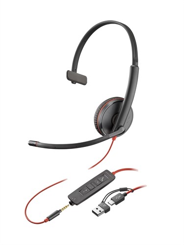 POLY Blackwire 3215 mono USB-C-headset + 3,5 mm stekker + USB-C/A-adapter (bulk)