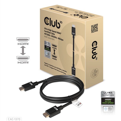 CLUB3D Ultra High Speed ??HDMI™2.1 gecertificeerde kabel 4K120Hz, 8K60Hz 48Gbps M/V 1.5M