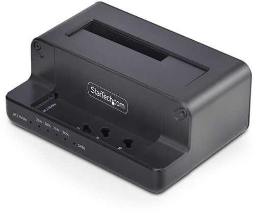StarTech.com M.2 NVMe naar 2.5"/3.5" SATA Drive Duplicator, Dual Bay Standalone SSD Cloner/Copier en Drive Dock, Bidirectionele NVMe naar SATA / SATA naar NVMe Copier, Tot 27GB/min, SATA III, USB 10Gb