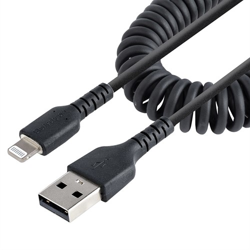StarTech.com 1m USB A naar Lightning Kabel, Zwart, MFi Gecertificeerd, iPhone Lader Spiraalkabel, Duurzame Aramidevezels, Robuuste USB Lightning Laadkabel