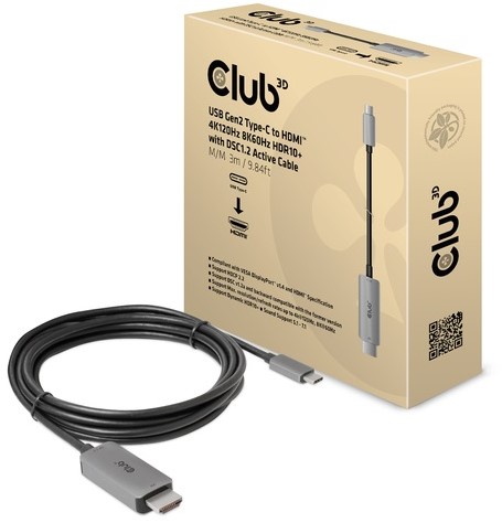 CLUB3D USB Gen2 Type-C to HDMI 4K120Hz 8K60Hz HDR10 with DSC1.2 Active Cable M/M 3m