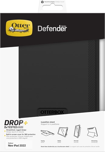 OtterBox Defender Case voor iPad 10th gen, schokbestendig, ultra robuuste met ingebouwde schermbeschermer, 2x getest volgens militaire standaard, Zwart