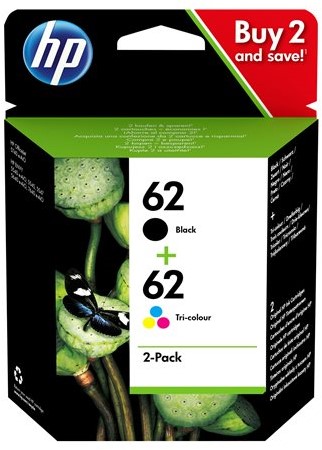 HP 62 originele zwarte/drie-kleuren inktcartridges, 2-pack