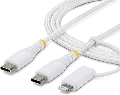 StarTech.com 2m 2-in-1 Robuuste USB-C Oplaadkabel met Lightning Adapter, 30W/60W, Apple MFi Gecertificeerd, Gevlochten USB C Laadkabel voor iPhone/iPad/Android