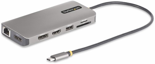 StarTech.com USB-C Triple Monitor Multiport Adapter, 5Gbps, Dual 4K 60Hz + 4K 30Hz HDMI & DisplayPort, 4-Port USB Hub, 100W PD Pass-Through, GbE, SD/MicroSD Kaartlezers
