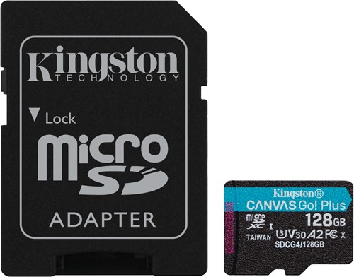 Kingston Technology 128GB microSDXC Canvas Go! Plus Gen4 200MB/s A2 U3 V30 kaart + adapter